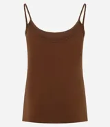 Blusa básica negra de breteles finos, confeccionada en malla de algodón peruano con escote redondo.