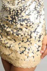 Vestido corto de fiesta con lentejuelas doradas, diseño de cuello halter y escote drapeado. Presenta un corte ajustado y acabado brillante ideal para eventos nocturnos.