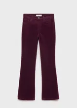 Pantalón de pana estilo flare con tiro alto, cierre de cremallera y botón, trabillas y diseño de cinco bolsillos.