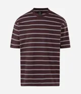 Remera de corte relajado confeccionada en mezcla de algodón y poliéster, con diseño de rayas horizontales en tonos marrón, blanco y celeste. Presenta cuello redondo y mangas cortas.