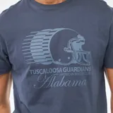 Remera de manga corta y cuello redondo en color azul, con estampado frontal gráfico que incluye un casco de fútbol americano y el texto Tuscaloosa Guardians American Soccer Club Alabama.