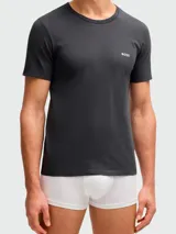 Pack de tres remeras interiores blancas de manga corta, cuello redondo y corte ajustado, con el logo de BOSS bordado en negro en el pecho.