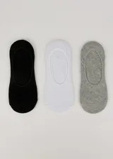 Pack de tres pares de medias invisibles lisas, una negra, una blanca y una gris.