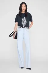 Remera negra de algodón con cuello redondo, manga corta y estampado frontal de un tigre rugiente con un rayo y texto "ANINE BING".