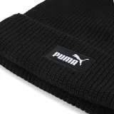 Gorro tipo beanie de tejido acanalado en color negro, con vuelta y parche frontal con el logo de la marca Puma en blanco.