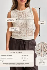 Musculosa tejida de color natural, con diseño calado de motivos geométricos y florales, escote redondo y silueta sin mangas.