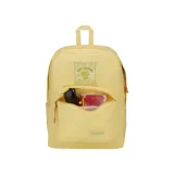 Mochila JanSport Superbreak Plus FX color amarillo con estampado de flor y texto.