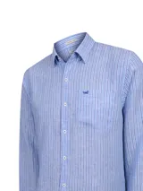 Camisa de manga larga RKF de corte regular fit, confeccionada en lino con diseño de rayas verticales en tonos celestes y blancos. Cuenta con cuello camisero, cierre frontal con botones, bolsillo en el pecho con logo bordado y puños abotonados.