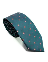 Corbata de seda azul marino con estampado paisley en tonos rosados y blancos.
