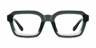 Lentes con filtro de luz azul, modelo Nayah, de diseño cuadrado con armazón grueso en color verde oscuro y cristales transparentes.