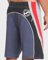 Short de baño Billabong Fluid 2k Pro de diseño tricolor en gris, rojo y negro con paneles laterales contrastantes y estampa de la marca.
