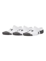 Pack de tres pares de medias invisibles Under Armour, color blanco con puntera y talón en gris oscuro, con logo de la marca en el empeine.