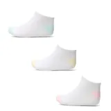 Pack de tres pares de medias cortas de algodón color blanco, con puntera y talón en tonos pastel: verde menta, amarillo y rosado.