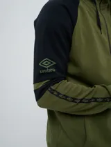 Campera canguro deportiva Umbro para hombre, de color verde militar con mangas negras de diseño raglán y detalles en verde militar. Cuenta con cierre frontal completo, capucha con cordones ajustables y bolsillos estilo canguro.