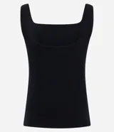 Blusa negra de corte regular, confeccionada en tejido Rib de algodón, con escote cuadrado y breteles anchos.