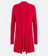 Cardigan largo de punto abierto, con mangas largas y bolsillos frontales aplicados. Diseño minimalista y versátil de la marca Cortelle.