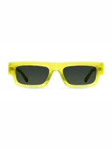 Lentes de sol de forma rectangular con montura de acetato en color amarillo traslúcido y cristales polarizados en tono verde oliva.