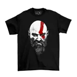 Remera negra de algodón con estampa frontal en blanco y rojo del personaje Kratos de God of War.