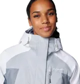 Campera técnica de esquí Columbia con tecnología Omni-Tech impermeable y forro termorreflectante Omni-Heat. Presenta diseño tricolor en tonos gris y blanco, capucha ajustable compatible con casco, cierre frontal con solapa protectora, bolsillo en el pecho con cremallera sellada y puños con orificios para pulgares.