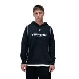Canguro negro con capucha y cordones ajustables, presenta el logo de la marca Tiffosi estampado en el pecho y detalles de líneas blancas en los costados. Incluye una capa inferior blanca visible en el ruedo.
