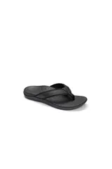 Sandalias tipo ojota de diseño ergonómico, color negro, con tiras superiores de cuero y textil, y plantilla de EVA texturizada.