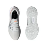 Championes de running Adidas Runfalcon 5 para mujer, color blanco con detalles en gris y naranja. Presentan un upper de malla transpirable, mediasuela Cloudfoam para amortiguación y suela Adiwear para tracción.