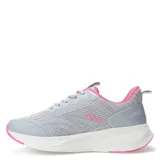 Championes deportivos Push modelo California, color gris con detalles en fucsia y suela blanca. Presentan diseño de malla transpirable, cierre con cordones y refuerzos sintéticos en puntera y laterales.