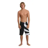 Short de baño Billabong modelo A.I. Rising Sun Pro, en color negro y blanco, con diseño asimétrico de franjas diagonales, cordón ajustable en la cintura y tejido elástico.