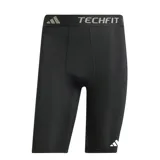 Calza corta de compresión Adidas Techfit en color negro, con cintura elástica con el logo de la marca y la palabra "TECHFIT". Cuenta con un pequeño logo blanco impreso en la pierna izquierda.