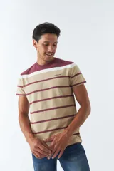 Remera de hombre a rayas horizontales blancas y azules, con cuello redondo azul marino y logo de la marca bordado en el pecho.