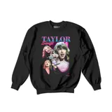 Buzo negro de cuello redondo con estampado gráfico frontal de Taylor Swift en tonos rosados y azules, estilo vintage.
