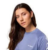 Remera de manga larga Columbia, diseñada para actividades al aire libre, con tecnología de protección solar y secado rápido. Presenta un diseño de cuello redondo, corte cómodo y estampado con el logo de la marca en el pecho y a lo largo de la manga.