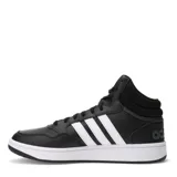 Championes de corte medio Adidas Hoops 3.0, color negro con las icónicas tres tiras laterales en blanco. Presentan una suela de goma blanca, cierre con cordones negros y cuello acolchado para mayor soporte.