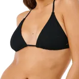 Top de bikini Rip Curl modelo Vibe Surf Multi Fit Tri, de color negro, con diseño triangular y textura acanalada. Cuenta con tirantes finos ajustables.
