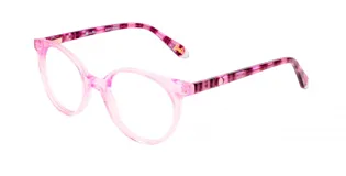 Armazón para lentes de acetato color rosa con diseño estampado en las patillas y logo de Barbie.