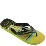 Sandalias tipo ojotas Havaianas con estampado playero degradado en tonos azules, verdes y naranjas. Presentan tiras anchas en color celeste con el logo de la marca en relieve.