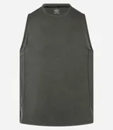 Musculosa deportiva masculina de corte regular, color gris melange, con cuello redondo y detalle reflectante en la parte inferior.