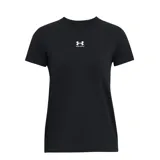 Remera negra de mujer Under Armour, corte clásico, cuello redondo y logo estampado en el pecho.