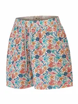 Short de baño RKF modelo Izam de color beige, con estampado colorido de temática marina que incluye peces, estrellas de mar, corales, conchas y anclas. Cuenta con cintura elástica, cordón ajustable y bolsillos.