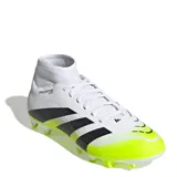 Championes de fútbol Adidas Predator Club Sock, con diseño de corte medio tipo calcetín. Presentan una base blanca con detalles en negro y degradado en amarillo neón en la puntera y la suela. Incluyen el logo de Predator y las tres tiras características de la marca en los laterales.