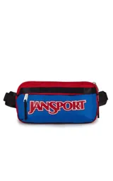 Riñonera JanSport modelo Washington Waistpack, con diseño rectangular en colores azul y rojo, cuenta con cierre frontal y correa ajustable.