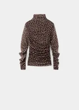 Camiseta marrón de manga larga con cuello alto y estampa de lunares claros, confeccionada en tejido de malla semitransparente.