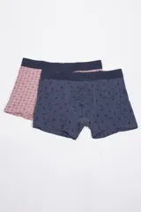 Pack de dos calzoncillos tipo bóxer de algodón con cintura elástica personalizada con logo. Uno de los modelos presenta un estampado geométrico en tonos rosados, mientras que el otro tiene un estampado de instrumentos musicales sobre fondo azul.
