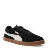 Championes urbanos Puma Club II Era Suede para mujer, confeccionados en gamuza negra con la icónica franja lateral en color blanco. Presentan un diseño de perfil bajo con suela de goma color caramelo y cierre de cordones.