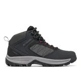 Bota de senderismo Columbia modelo Transverse Hike, color negro con detalles en gris y toques de rojo. Presenta construcción impermeable y transpirable Omni-Tech, entresuela TechLite para amortiguación y suela Omni-Grip para tracción todoterreno.