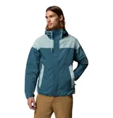 Campera cortaviento Columbia Challenger II Omni-Shield de diseño bicolor en tonos azul y celeste, con capucha con cordón de ajuste, cierre medio con solapa, bolsillo en la manga con cierre y malla, y logo bordado en el pecho.