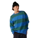 Buzo Rip Curl modelo Disorder Stripe, de diseño a rayas horizontales en tonos azul y verde, con cuello redondo y el logotipo de la marca bordado en el pecho.