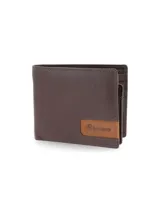 Billetera plegable de cuero color marrón oscuro, con detalle de parche en cuero color suela en la esquina inferior derecha que incluye el logo de la marca grabado.