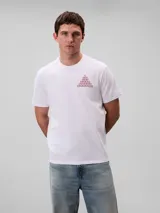 Remera blanca de manga corta y cuello redondo de la marca Calvin Klein, con calce regular. Presenta un diseño gráfico frontal en forma de pirámide formado por las letras CK en color bordó.