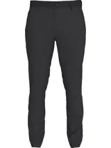 Pantalón tipo chino de corte slim, color negro, con cierre de botón y cremallera, trabillas para cinturón y bolsillos laterales.